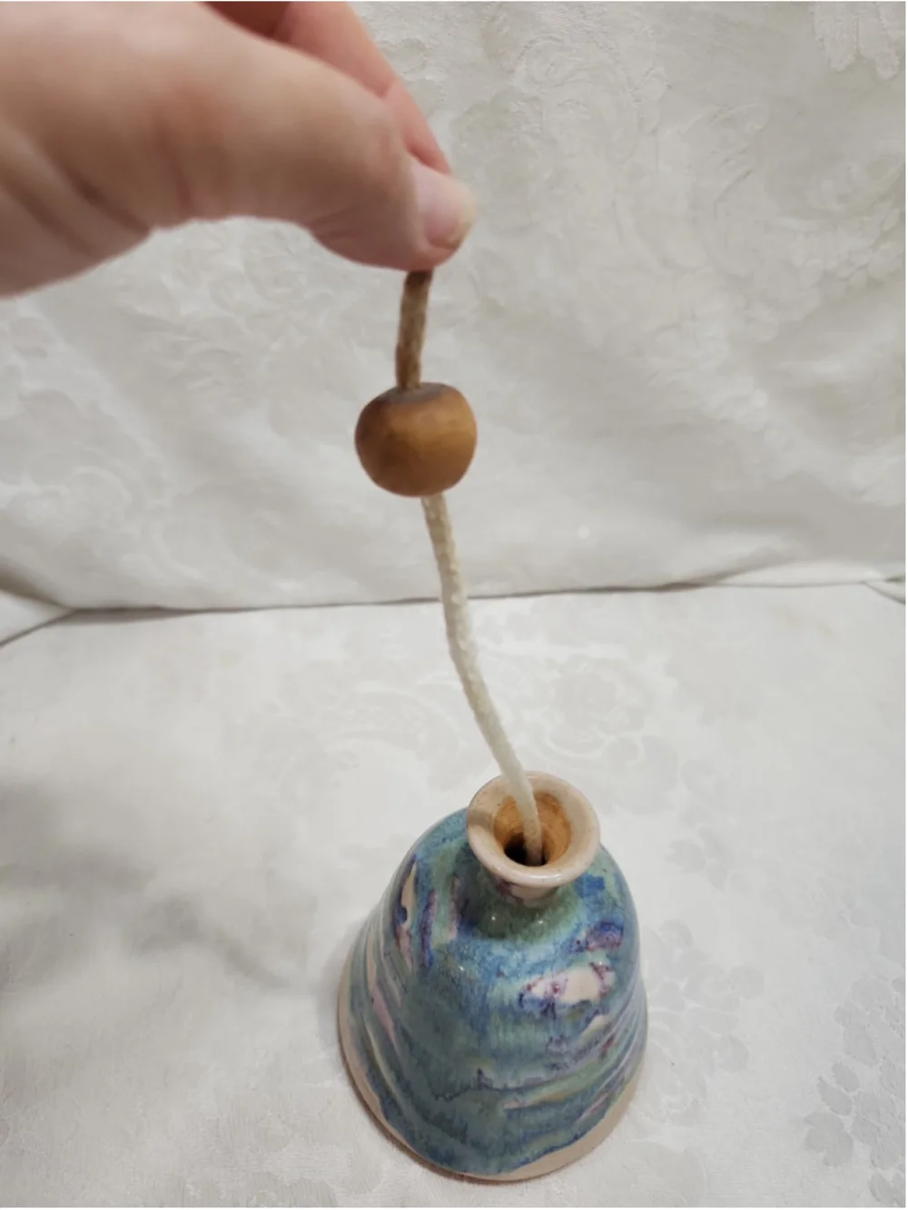Hand Made Pottery Oil Lamp Signed, Blue, Lavendar, EUC